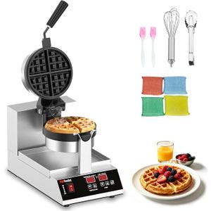 Commercial Belgian Waffle Maker –1200W Rotating Flip Waffle Maker, Non-Stick and Adjustable Temp (122–572°F) w/Timer, Stainless Steel & Intelligent Round Waffle Maker, for Restaurants