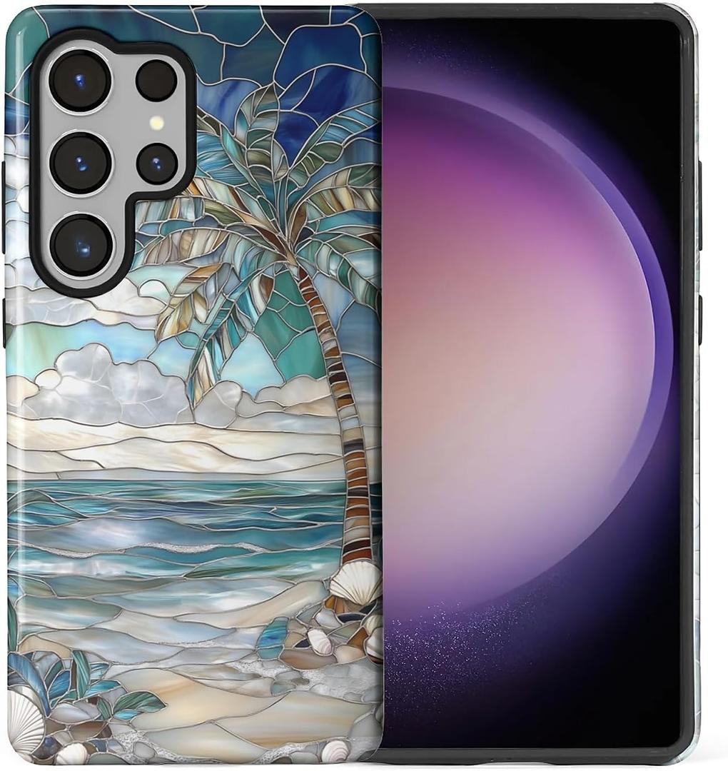 Case for Samsung Galaxy S25 Ultra, Anti-Scratch Full-Body Cover Shockproof Slim Design Case, PC Hard Shell & Silicone Inner Bumper -Beach Palm Tree