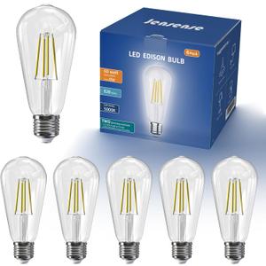 Jensense LED Edison Light Bulbs 8 Watt Dimmable 5000K Daylight White, E26 60 Watt Equivalent, Vintage Bulbs 800lm CRI 90 Clear Glass 6 Pack