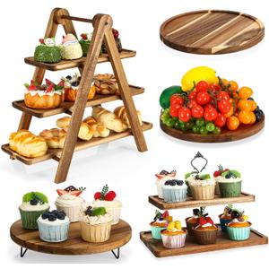 Havawish 5 Pcs Wooden Dessert Table Display Set, Farmhouse 2 Tier Cupcake Stand 3 Tier Wood Cake Tower Round Serving Tray Food Platter for Tea Party Wedding Farmhouse Decoration