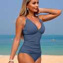 ZAFUL Womens Tankini Swimsuits Smocked 2 Piece Bathing Suits Modest Tie Back Swimwear (Blue, XXL)