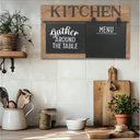 Kithen Decor Wall Hanging Menu Chalkboard Wooden Gather Around The Table & Welcome Now Serving Sign Magentic Menu Chalk Board for Home Cafés Weddings Party Farmhouse Brown 12 * 20in