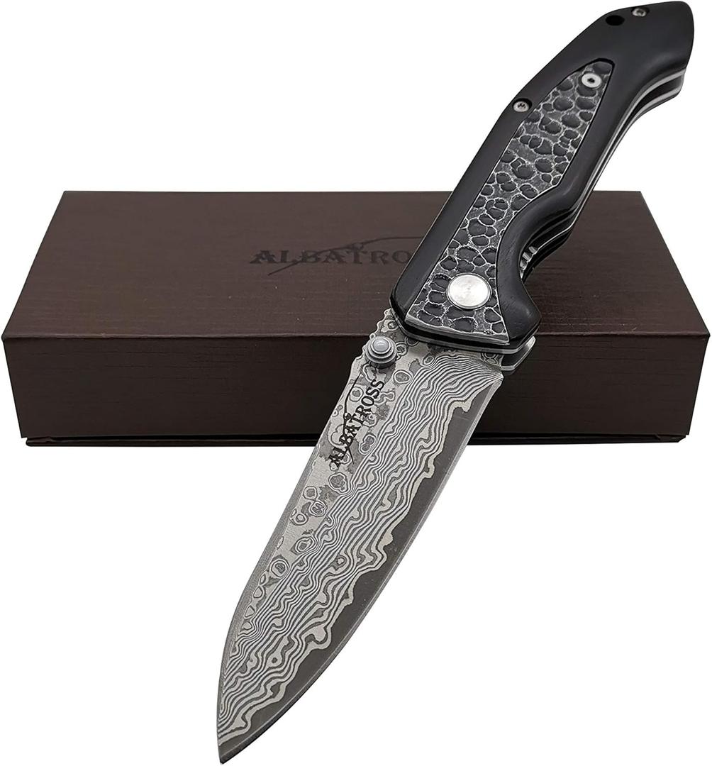 ALBATROSS Premium EDC Pocket Folding Knife with 3.5" Damascus Steel Blade & Ebony Wood Handle, Camping Hunting Knife with Clip, Gift for Men - HGDK011 ALBATROSS Premium EDC Pocket Folding Knife with 3.5" Damascus Steel Blade & Ebony Wood Handle, Camping Hunting Knife with Clip, Gift for Men - HGDK011