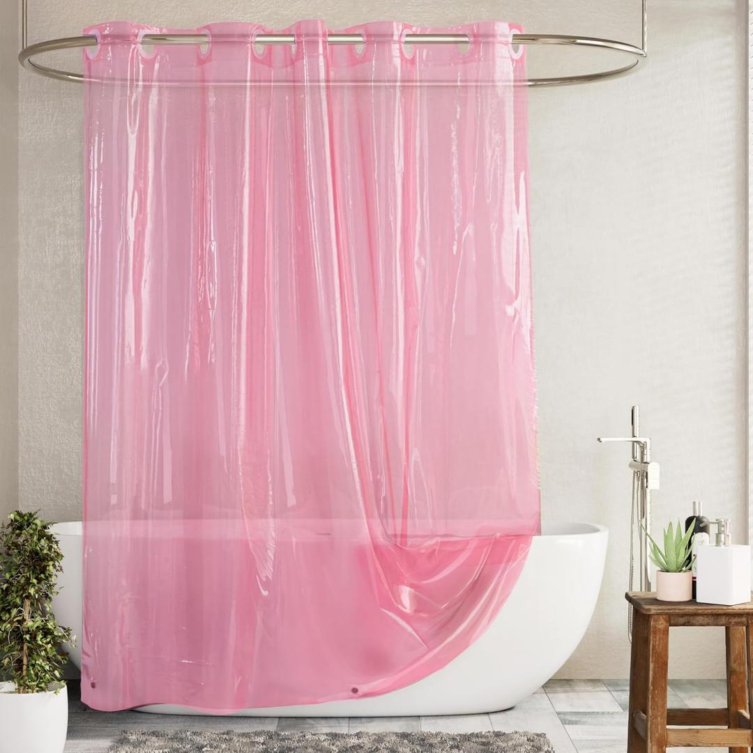 Barossa Design No Hook Clear Pink Shower Curtain or Liner - Soft EVA 10G Extra Heavy Duty Shower Curtain with 3 Magnets for Bathroom, Standard Size 71" x 74", Clear Pink