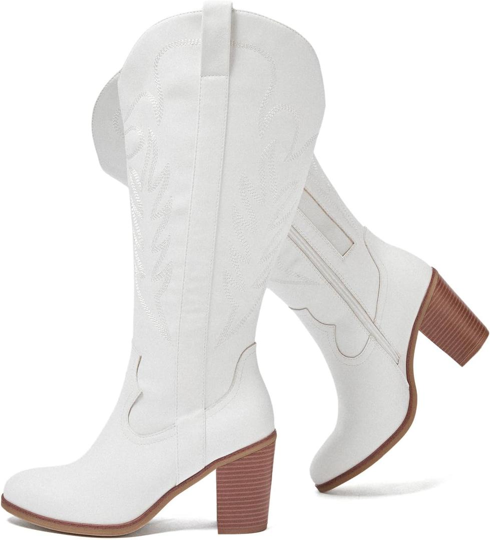 Luoika Women's Extra Wide Calf Cowboy Knee High Boots，Wide Width Cowgirl Boots Chunky Pump Heel Plus Size Western Tall Boots. White 230701 9.5XW