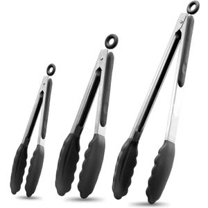 Kitchen Tongs with Silicone Tips,Tongs for Cooking Heat Resistant 600 Degrees Stainless Steel Locking Tongs,Black Set of 3-7", 9" and 12"