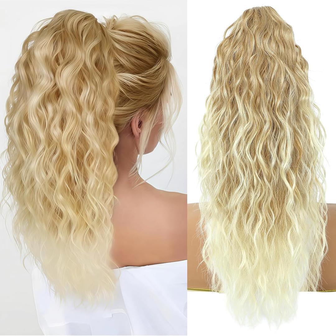 LEDIZE Ponytail Extension, Claw Clip on Pony tails Hair Extension for Women 18 Inch Long Wavy Curly Fake Ponytail Clip in Hair Pieces for Women Fluffy Natural Looking (Blond To Light Blonde)