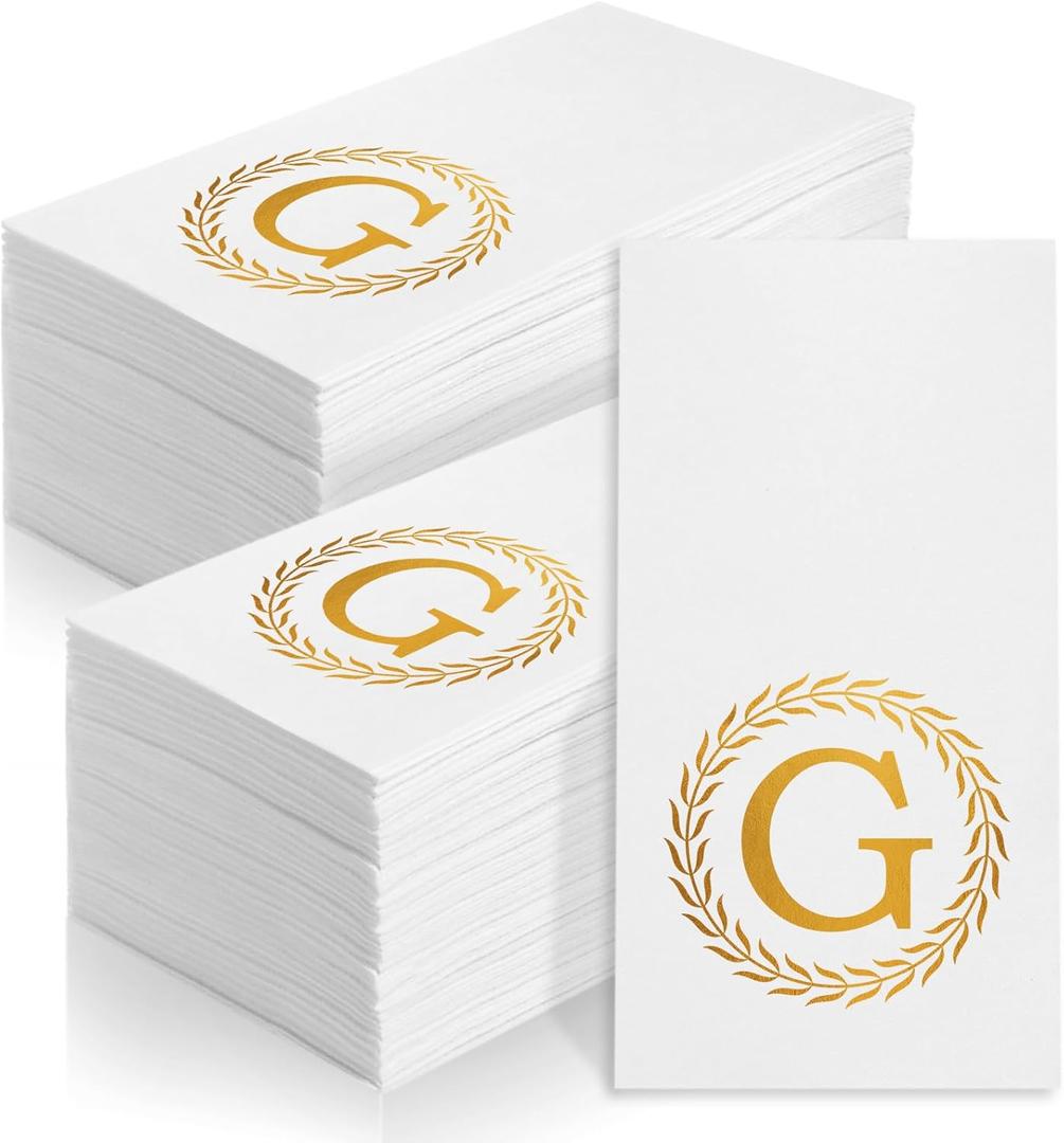 100 Gold Monogram Disposable Napkins - Letter G Hand Towels Decorative, Dinner Napkins for Guest, Monogrammed Hand Towels for Bathroom Wedding Birthday Party Baby Shower (G)
