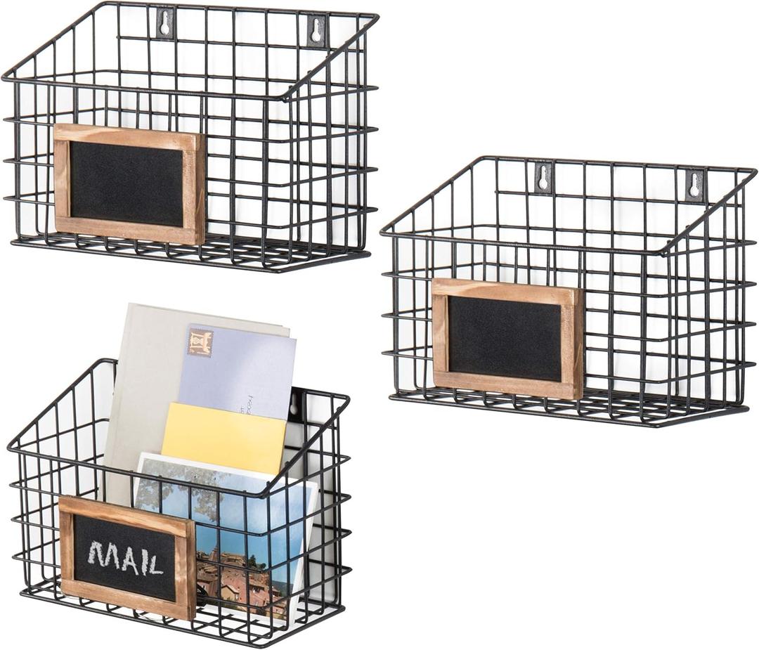 MyGift 10 Inch Wall Mounted Matte Black Metal Wire Storage Baskets with Chalkboard Labels, Small Hanging Organizer Bins for Home Entryway Kitchen Pantry Closet, Set of 3