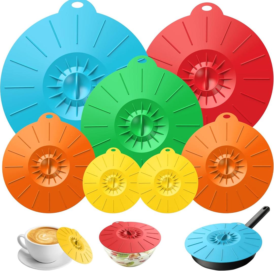 7 Pack Silicone Lids Microwave Splatter Cover, 5 Sizes Reusable Heat Resistant Suction Lids for Bowls Plates Pots Pans Oven Fridge, BPA Free, Ideal Mother's Gift,7-Pack Silicone Lids