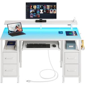 Seventable Computer Desk with Drawers, Gaming Desk with Keyboard Tray, Office Desk with LED Lights & Power Outlets, 47 inch Writing Desk with Monitor Stand for Small Space, White