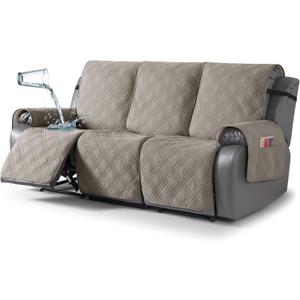 TAOCOCO Waterproof Recliner Sofa Cover, Non Slip Split Recliner Couch Covers with Elastic Straps Pocket, Washable Reclining Sofa Cover Furniture Protector for Kids, Dogs, Pets (3 Seater, Light Brown)
