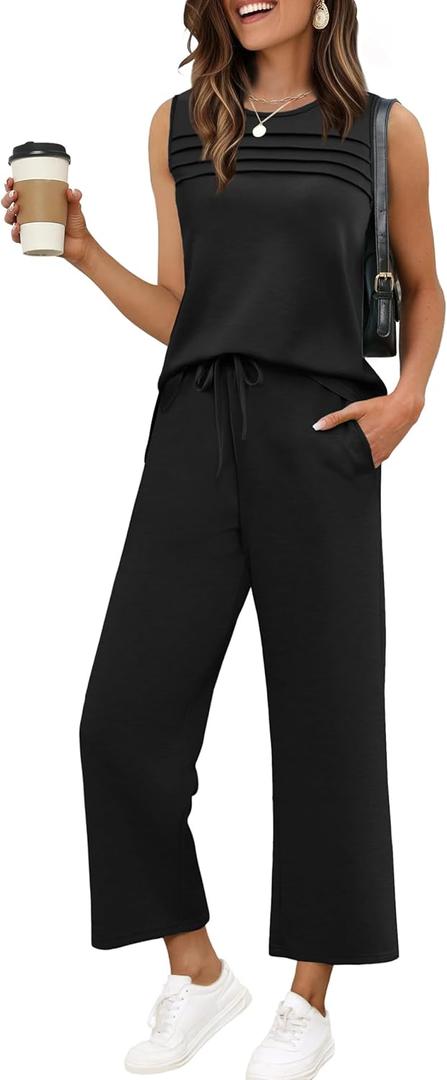 WIHOLL Two Piece Sets for Women Summer Outfits Matching Lounge Sets Wide Leg Crop Pants Vacation Travel (Black, L)