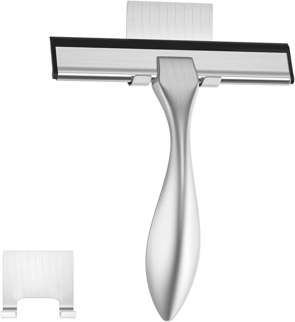 peafowl Shower Squeegee Stainless Steel Bath Squeegee for Shower Glass Doors Bathroom Windows Kitchen Mirror and Car Glass with Hooks Holder (Brushed Silver, 6 inch)