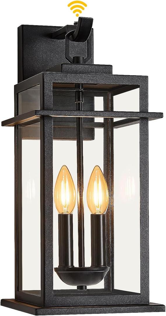 Dusk to Dawn Outdoor Wall Sconce Lighting Fixture with 2-Light, Large Industrial Outside Wall Lanterns with Clear Glass, Waterproof Exterior Lamps with E12 Sockets for Porch, Patio, Matte Black