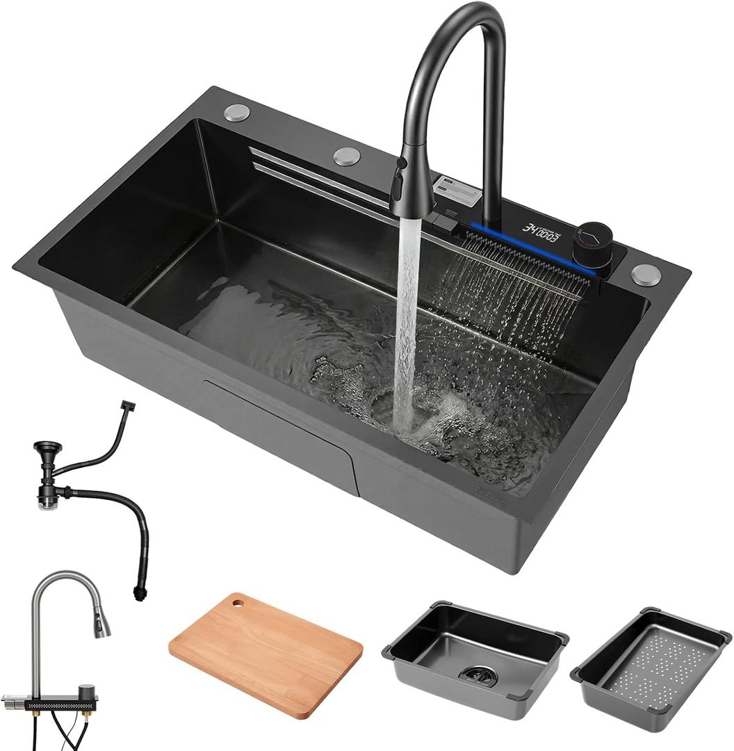 30"x18"Black Kitchen Sink with Digital Display Faucet Combo Top Mount/Drop-In Single Bowl Stainless Steel Sink Multifunctional Drop In Sink Modern Workstation Waterfall Sink, 17.7"D x 30"W x 8.67"H