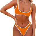 SherryDC Women's Sexy Scoop Neck Bikini Sets Color Block High Cut Thong Brazilian Two Pieces Swimsuit Bathing Suit (179-orange,Small)