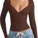 SweatyRocks Women's Deep V Neck Crop T Shirts Long Sleeve Slim Fitted Going Out Y2k Tops Brown Medium