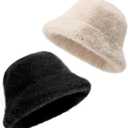 Fluffy Faux Fur Winter Bucket Hat for Women and Men - Solid Color Fisherman Cap, Soft Warm Plush Winter Hat with Foldable Brim for Cold Weather