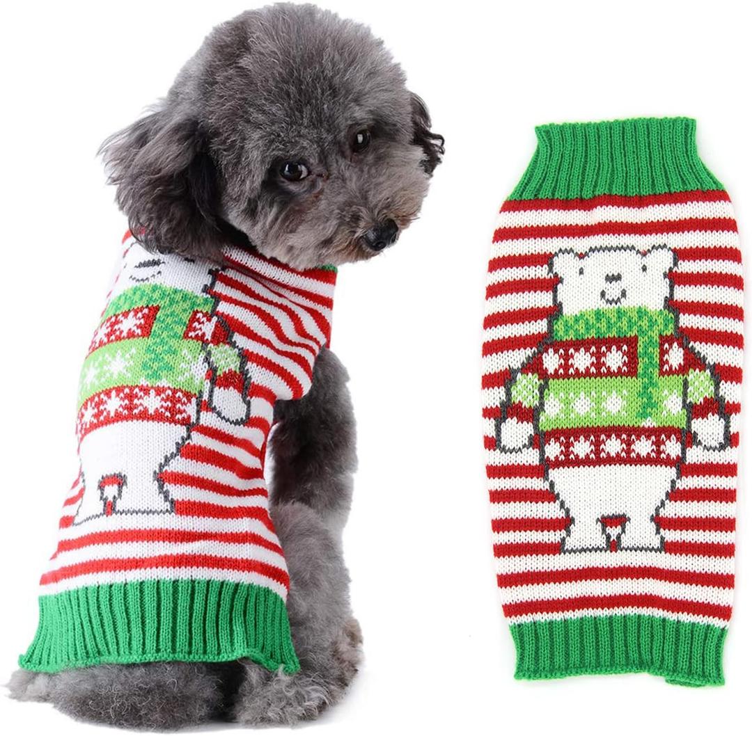 Dog Christmas Sweater Holiday Clothes for Dogs Girl Boy Fall Winter Knitted Soft Warm Puppy Clothing Cute Bear Striped Pet Outfit Ugly Xmas Sweater for Small Medium Dogs Cats(XL,Green Red)
