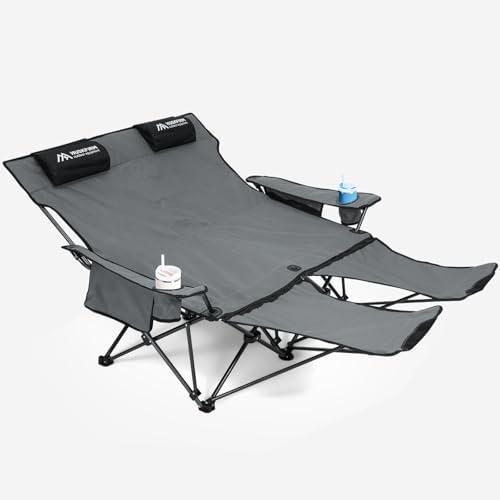 Reclining Camping Chair for 2 Person Outdoor Lawn Beach Patio, Double Camping Chair with Foot Rest, Portable Folding Lounge Loveseat with Removable Headrests & Footrest