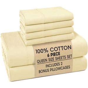 Casa Platino 100% Cotton Percale Sheet Queen  Crisp Queen Size Bed Sheets Cooling with 4 Pillowcases, Ultra Soft & Breathable for Great Nights Sleep, with 15" Deep Pocket Fitted Sheet  Beige