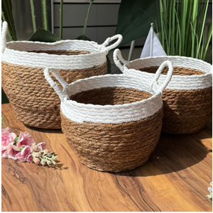 Two-Tone Seagrass Baskets with Handles - Set Of 3, Natural Brown With White