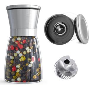 Professional Pepper Grinder - with Germany Hardened Carbon Steel Mechanism Rotor, Refillable Pepper Mill 6OZ Glass Adjust Coarseness (1PCS-Sliver-304