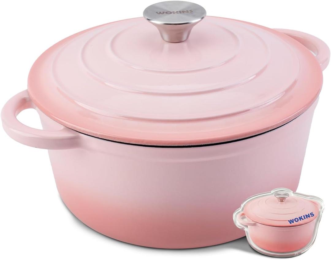 7-QT Enameled Cast Iron Round Dutch Oven With Lid,Oven safe,Pink | Large enameled cast iron Dutch oven,Retains moisture,PFAS-free,500F,sourdough,braising/stews/roasting,Housewarming Gift