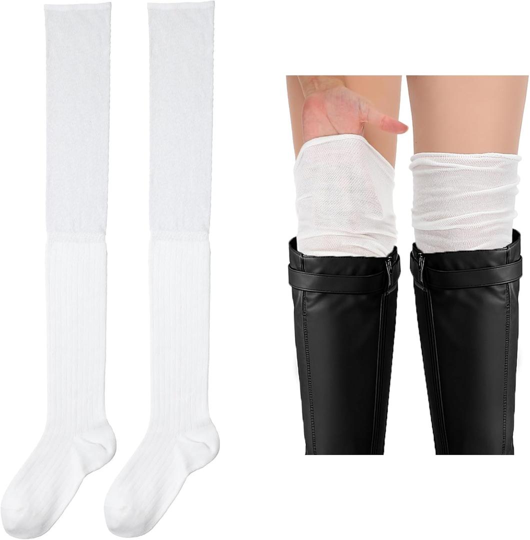 Yolev White Knee High Boot Socks - Knit Womens Long White Thigh High Socks for Boots Stretchy Striped - Thigh Highs Stockings for Women Girls Student Casual (White)