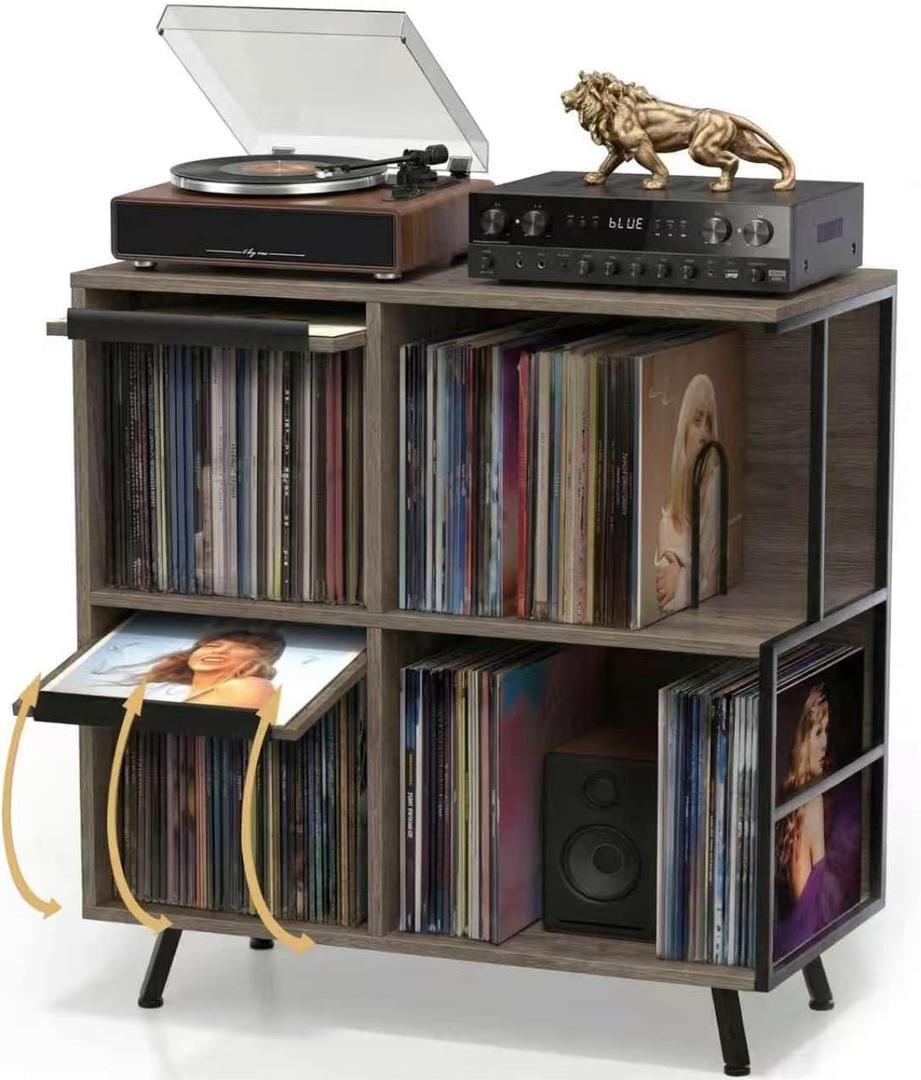 Faesun 3 Tier Record Player Stand with Flip-Down Record Shelf, Gray