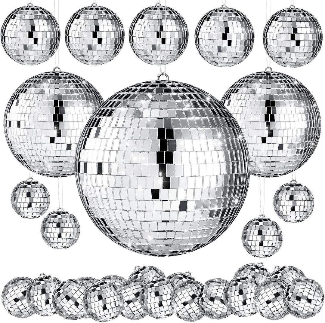 MTLEE 20 Pcs Disco Balls Decoration Mirror Disco Ball Assorted Silver Mini Glass Different Sizes Reflective with Rope for 70s Wedding Dance Music(4, 3. 2, 2 Inch) MTLEE 20 Pcs Disco Balls Decoration Mirror Disco Ball Assorted Silver Mini Glass Different Sizes Reflective with Rope for 70s Wedding Dance Music(4, 3. 2, 2 Inch)
