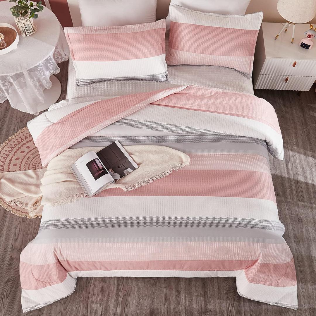Litanika Pink Comforter Set Queen, 3 Pieces Blush White Colorblock Lightweight Bedding Comforter Set