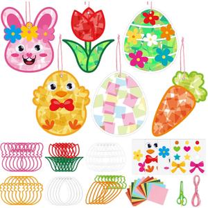 Feifeiya 24 Pack Easter Suncatcher Craft Kit Easter Window Art Kit Bunny Carrot Egg Crafts Window DIY Tissue Paper Suncatcher Decoration Ornament for Classroom Art Party Favor Supplies