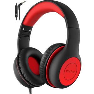EarFun K1 Kids Headphones Wired with Microphone, 85/94dB Volume Limit Headphones for Kids, Portable Wired Headphone with Shareport, Stereo Sound Foldable Headset for School/Tablet/iPad, Black Red