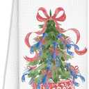 Christmas Chinoiserie Kitchen Towels Decor,Red Bow Christmas Tree Towels Gifts,Blue Lobster Christmas Hand Towels for Bathroom Kitchen,Grandmillennial Decor,16x24 Inches