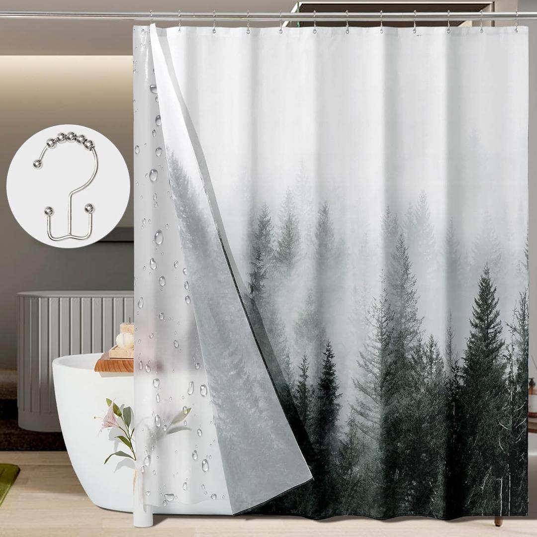 ORTIGIA 3 in 1 Waterproof Shower Curtain and Clear PEVA Liner Set with 12 Double Sided Metal Shower Curtain Hooks, Black Misty Forest Tree Soft Fabric Shower Curtain for Bathroom - 72 Wx72 L