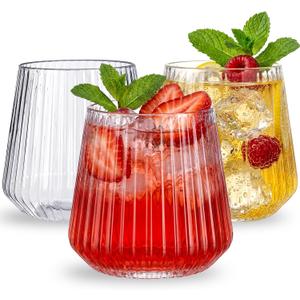 Ciaell 30 Pack Plastic Ribbed Wine Glasses - 12 OZ Thicker Origami Stemless Disposable Wine Champagne Whiskey Unbreakable Cocktail Glass, Reusable Wine Cups for Party Wedding Bar