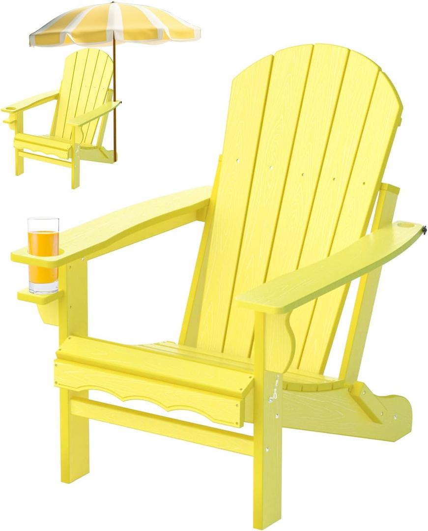 Folding Adirondack Chairs with Wood Texture, HDPE Adiorndack Outdoor Chairs - Adirondack Patio Chairs with Cup Holder-Lemon Yellow