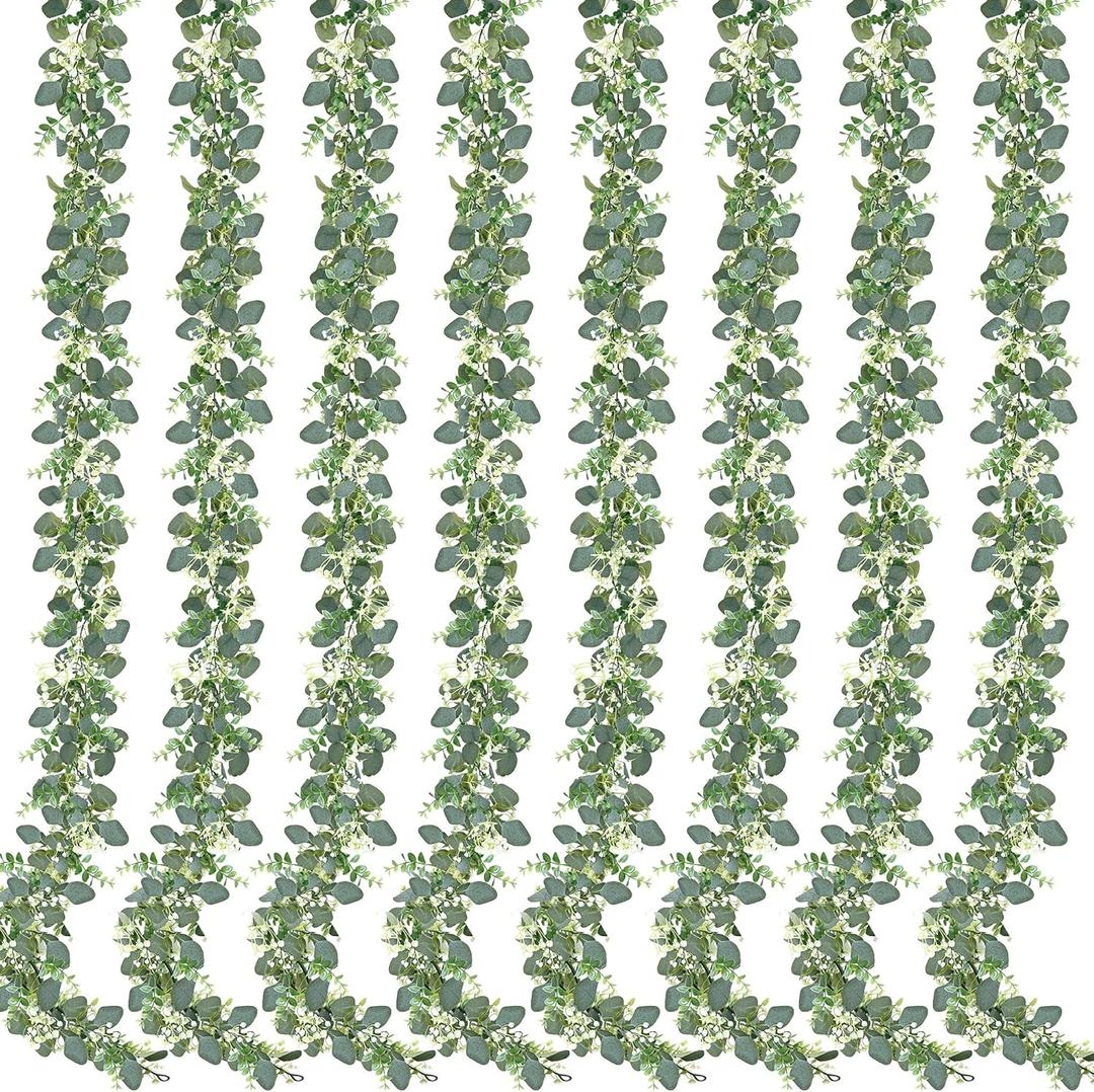 Sggvecsy 8 Pack Artificial Eucalyptus Garland Eucalyptus Leaves Vines Greenery Garland Faux Silver Dollar Eucalyptus Leaves for Table Party Wedding Indoor Outdoor Home Mantle Wall Decor