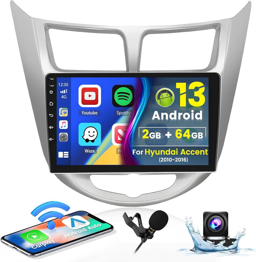 Roinvou 2+64G Android 13 CarPlay Stereo for 2010-2016 Hyundai Verna Accent Solaris, Wireless CarPlay Radio with Android Auto, 9'' Touch Screen in-Dash GPS Navigation Support Mirror Link BT HiFi WiFi