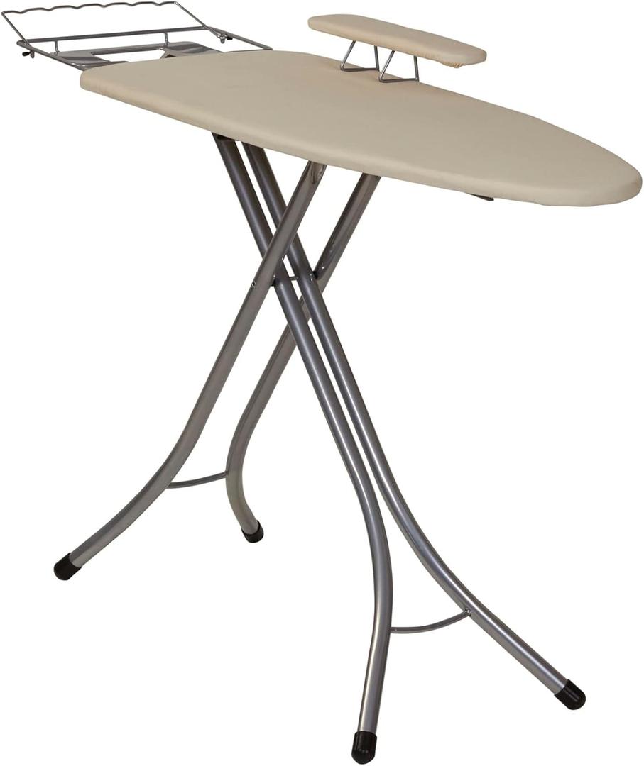 Household Essentials Wide Mega Ironing Board 4-Leg, Steel Top Pressing Station, Heat-Resistant Fiber Pad and Cotton Cover, Includes Sleeve Board and Iron Rest with Hanger Bar, Silver Frame