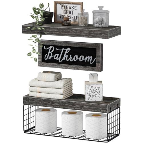 QEEIG ‎Bathroom Shelves Over Toilet - Paper Storage Wall Mounted Farmhouse Decor Decorations Aesthetic Décor Sign Small Floating Shelf 2+1 Set 16 inch, Grey (020GY)
