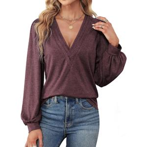 Agnes Urban Womens V Neck Long Sleeve Tops Dressy Casual Fall Shirts Puff Sleeve Loose Tunic Trendy Tops Blouses (Red)
