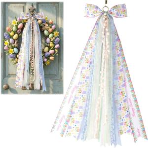 Easter Door Bow with 8 Ribbons, 27.5" Spring Decoration Swag for Front Door Wreath Wall, Farmhouse Bow Decor with Pom-Poms for Home Holiday