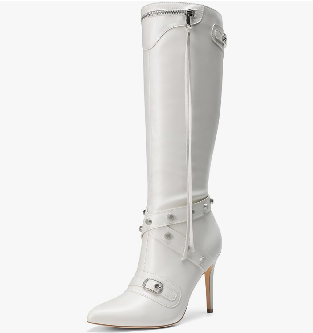 DREAM PAIRS Women's Metallic Stiletto Heeled Knee High Boots Sexy Fashion Pointed Toe Dress Boots with Stud and Zipper Tassel 8