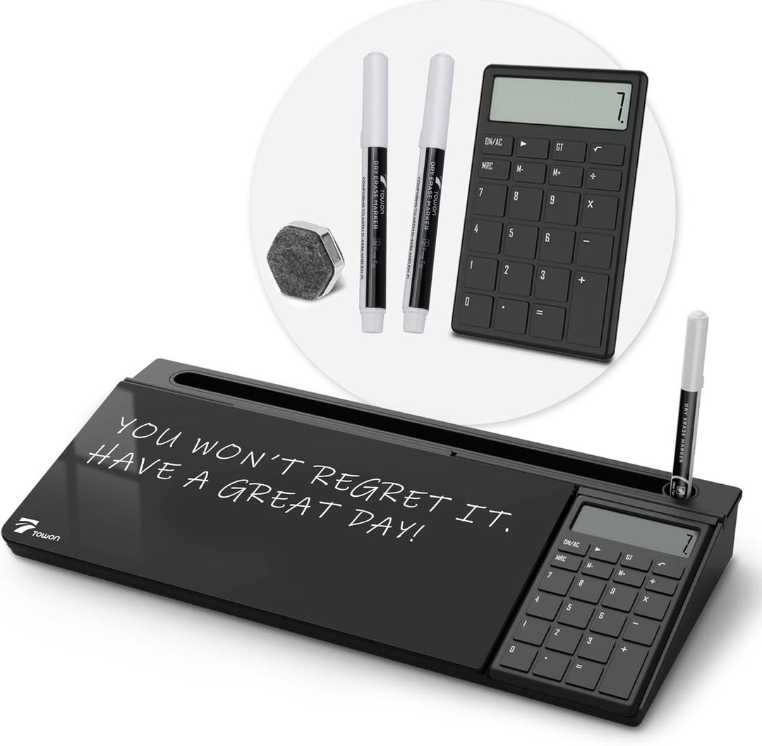 TOWON Desktop Glass Whiteboard with Basic Calculator, 12 Digit LCD Display, Desk Organizers with Accessories for Office, Home, School Supplies, Storage with Dry Erase Board Surface, Black, 17'' x 6''