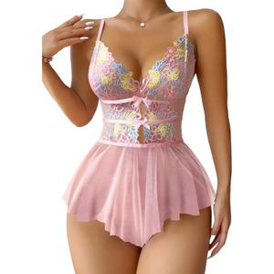 Lilosy Sexy Bows Floral Lace Mesh Babydoll Lingerie Romper (Pink, S)