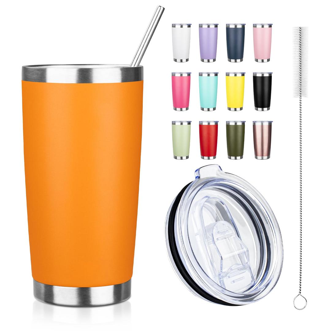 ATIKZHE 20oz Tumbler with Straw and Brush, Stainless Steel Vacuum Insulated tumbler, Double Wall Insulated Coffee Tumbler for Outdoor, Home, Travel,Office (Orange,1pcs)