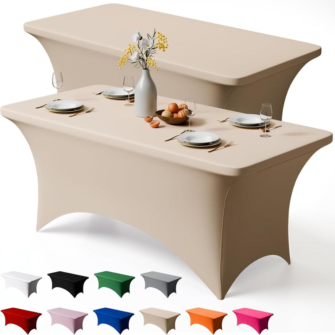 Trlyc 2 Pack 6FT Spandex Table Cloth - 72 x 30 Inch Rectangular Stretch Tablecloth, Wrinkle Resistant Scretch Table Cover for Wedding, Party, Banquet, Picnic, Outdoor Decoration (2Pcs,Champagne)